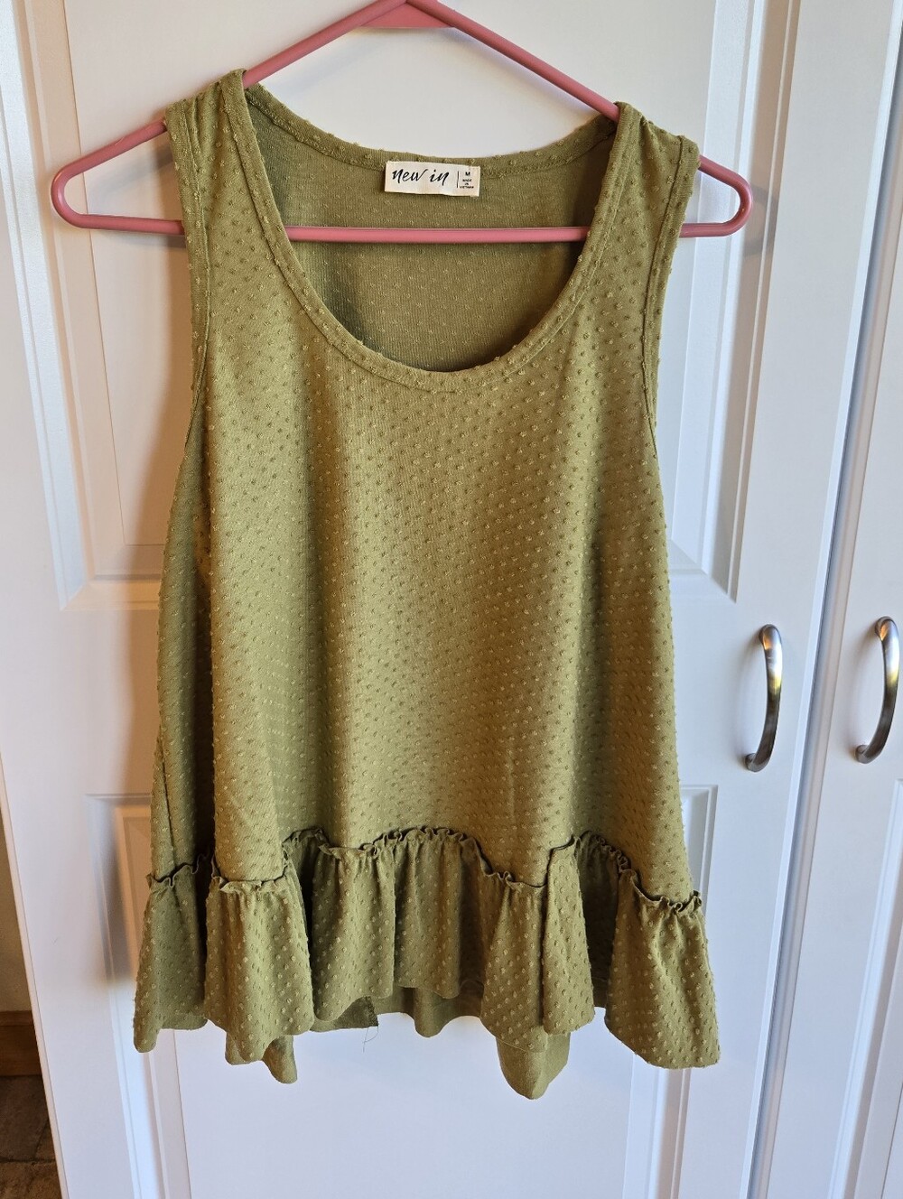 Olive Green Swiss Dot Ruffle Hem Tank Top